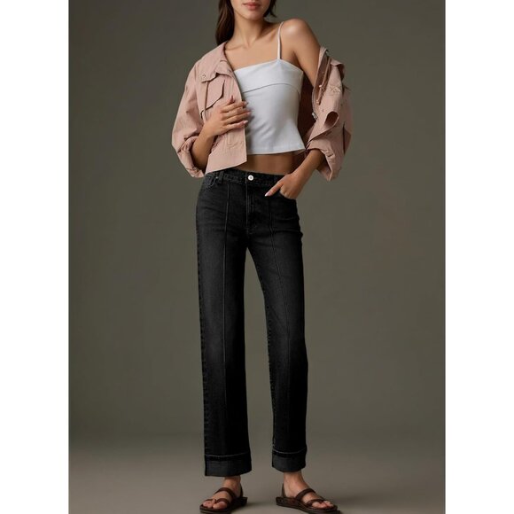 Women's Wide Leg Cuffed High Waisted Stretchy Denim Jeans with Pockets - Picture 2 of 6